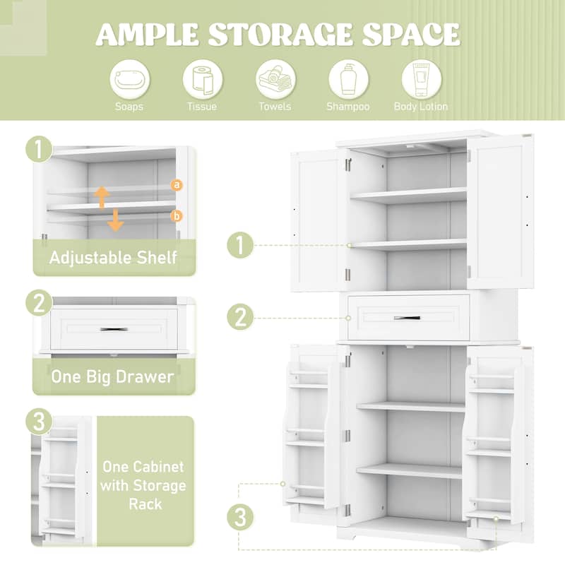 Freestanding Bathroom Cabinet with Adjustable Shelf, Storage Drawer and Doors, MDF Tall Organizer for Bathroom