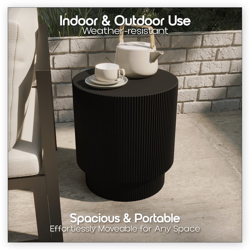 Eden Modern Wide Round Fiberstone Side Table with Accent Ribbed Design End Table for Living Rooms, Patios, and Gardens