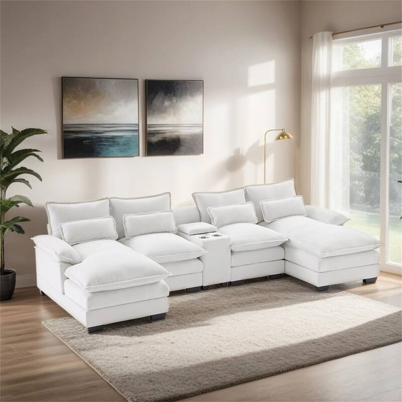 123*55" Modern U-shaped Sofa with Console,Cupholders and USB Ports