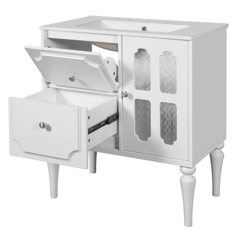 30" Bathroom Vanity with Ceramic Sink, 2 Drawers, Solid Wood Frame