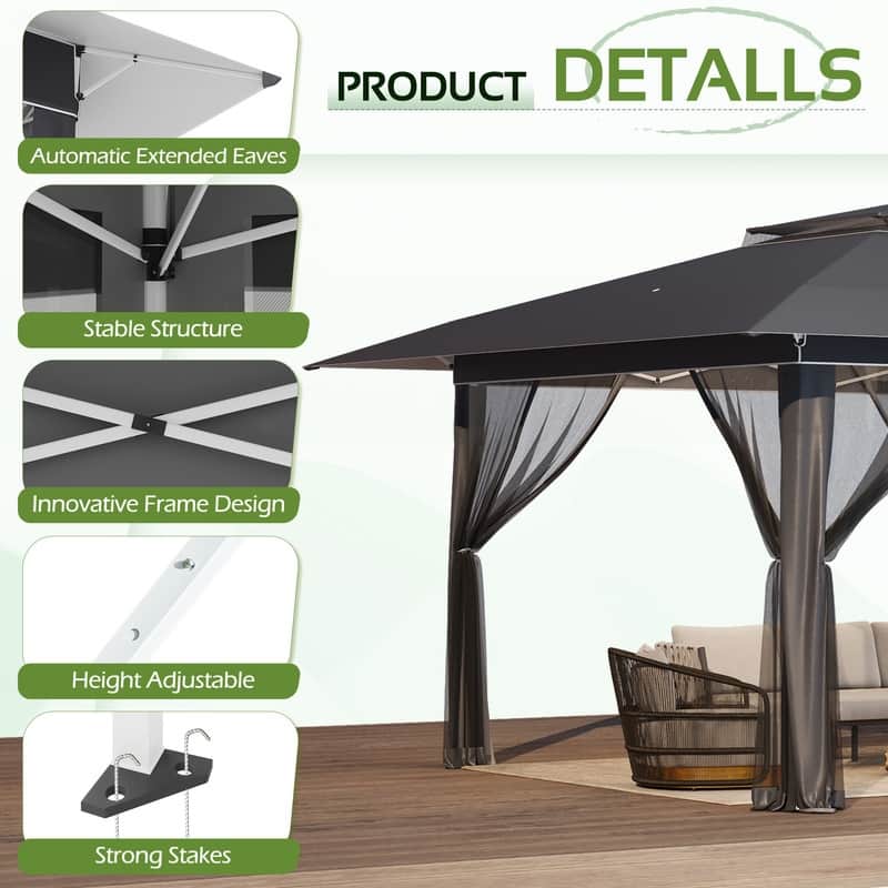 13x13 FT Pop Up Canopy Tent with Netting, UPF 50+ Outdoor Canopy with Automatic Eaves & One-Push Lock, for Patio & Parties