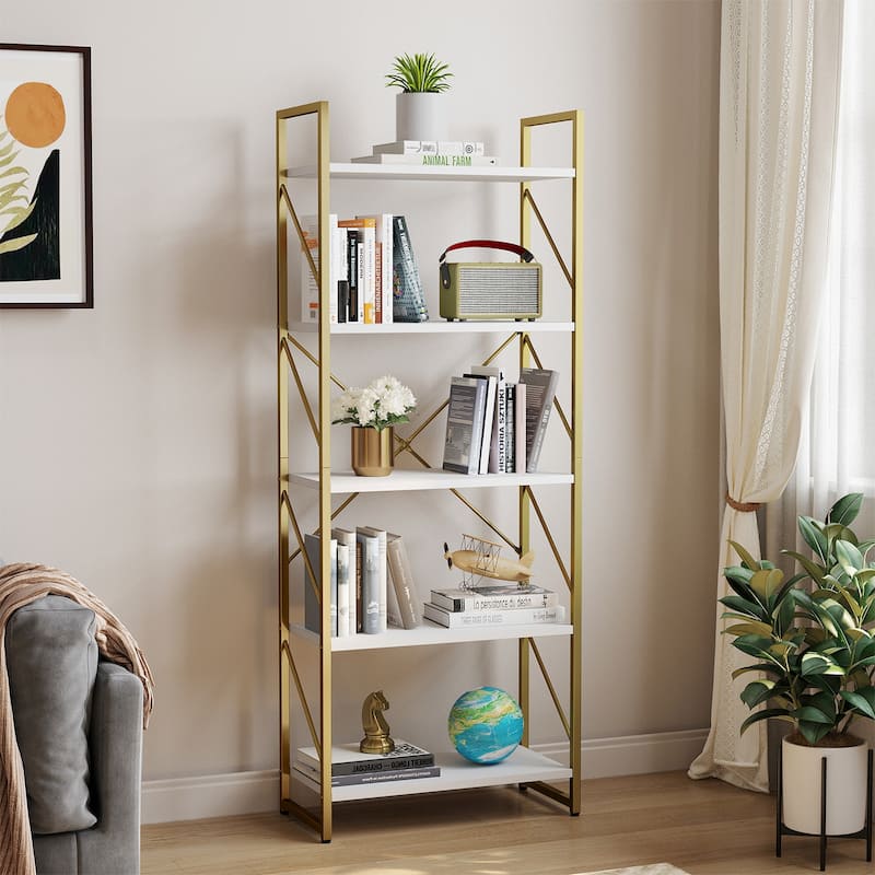 Rould Wood 5 Tiers Gold Frame Bookshelf Storage Rack Shelves Holder