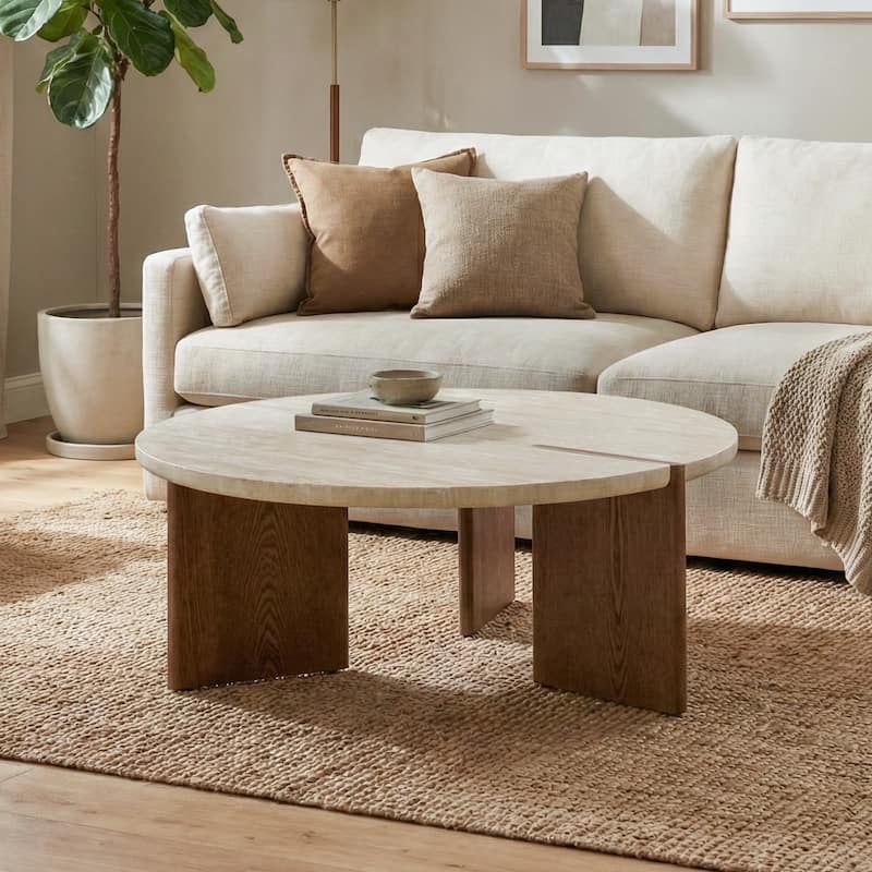 Furniture of America Elrik Modern Genuine Travertine Top Round Coffee Table - Brown