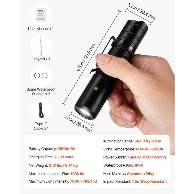 Black Rechargeable LED Flashlight 1200 Lumens with 6 Modes IP66 Waterproof - 1.2 × 1.0 × 4.8 in