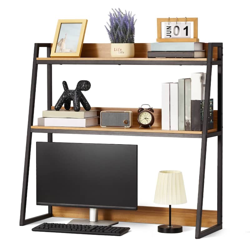 Particle Board Desktop Bookshelf Hutch, 2 Shelves, Anti-Slip Feet Pads - 37.4" L x 12.6" W x 35.4" H
