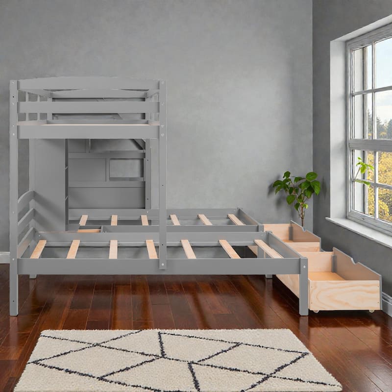 Triple Bunk Bed Twin over Twin&Twin with Drawers, Storage Staircase and Built-in Shelves, Solid Wood Frame