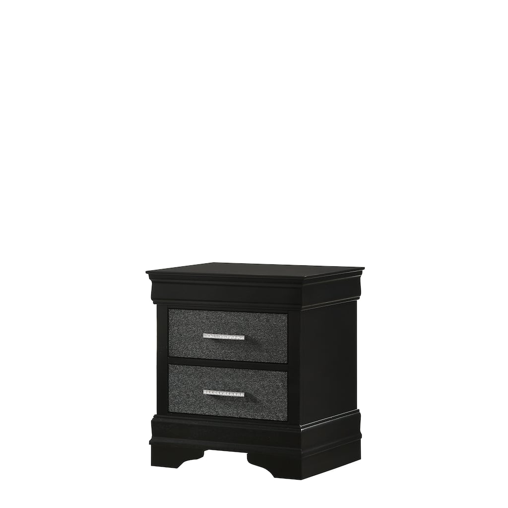 2 Drawer Wooden Nighstand with Horizontal Pull and Studded Accent, Black