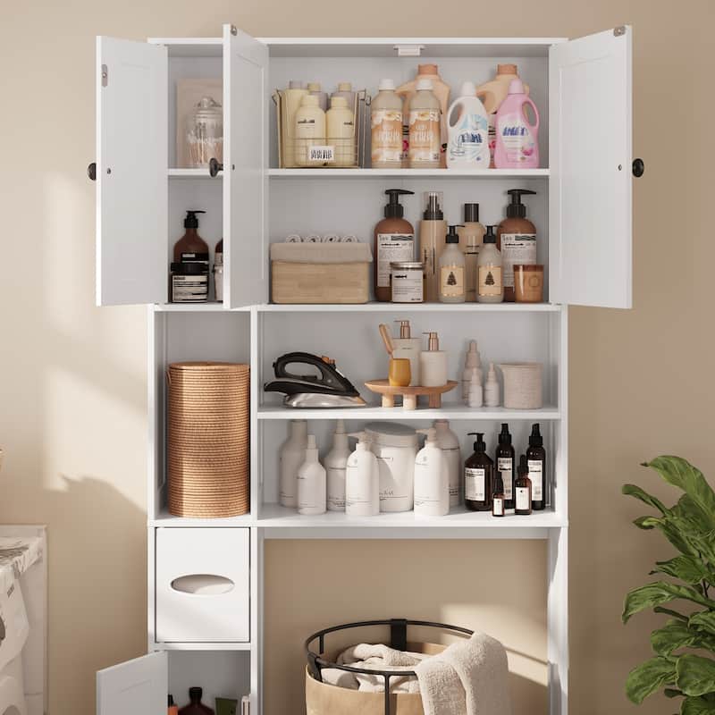 70" Freestanding Above Toilet Storage Cabinet, Adjustable Bathroom Shelving With Anti-Tip Devices
