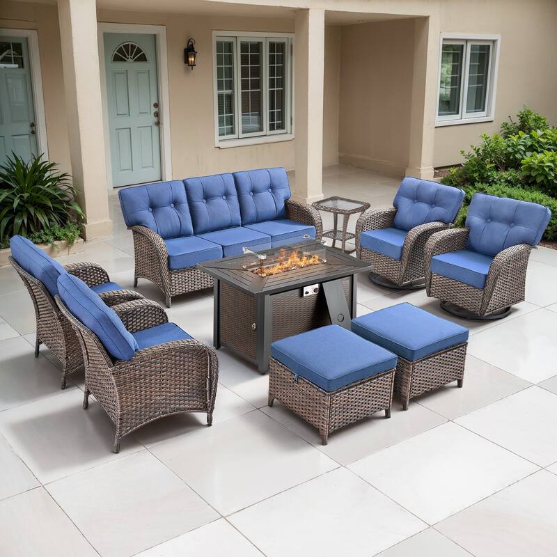 TWrap Wicker Patio Iron Fire Pit Conversation Set with 3-Seat Sofa & Swivel Gliders & Armchairs