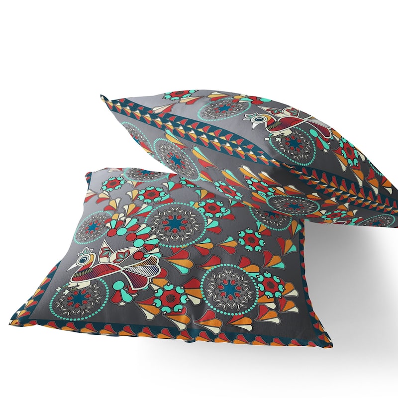 HomeRoots Set of Two 16" X 16" Gray and Yellow Peacock Blown Seam Floral Indoor Outdoor Throw Pillow - 16.00' X '16.00' X '5.00