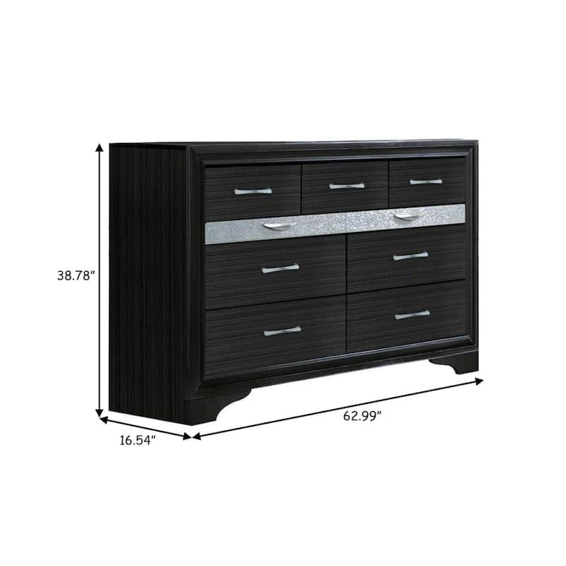 Two Tone Wooden Dresser With Nine Drawers, Black And Silver