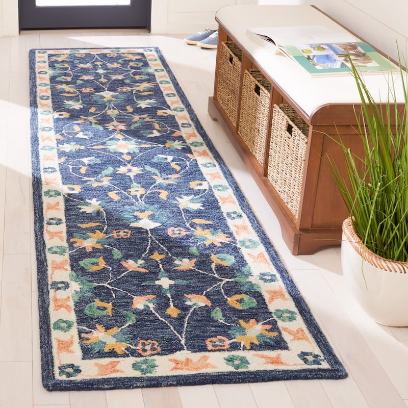 SAFAVIEH Handmade Micro-Loop Nikola Oriental Wool Rug - 2'3" x 9' Runner - Blue/Ivory
