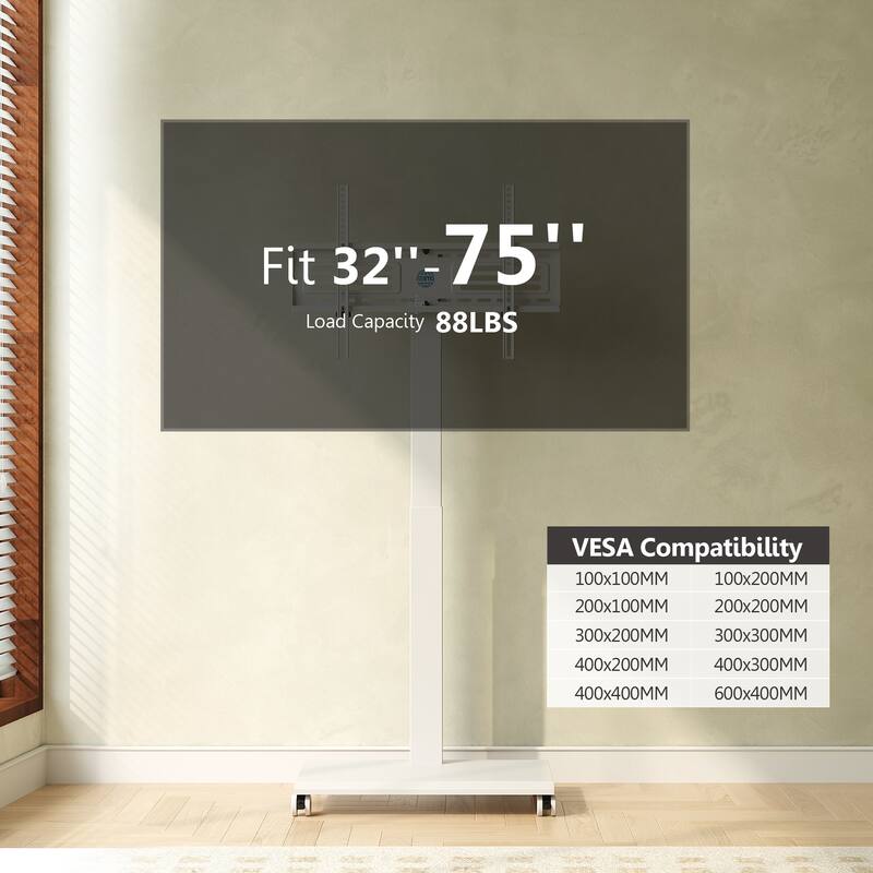 FITUEYES Rolling TV Stand with Stepless Lift for 32-75 Inch TVs, Swivel and Tilt, Hold up to 88 lbs