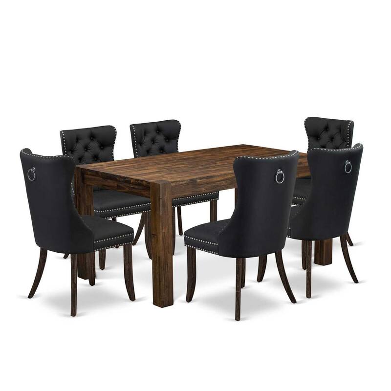 HomeStock 7-Piece Rectangle Distressed Jacobean Finish Solid Wood Top Dining Table with 6 Chairs