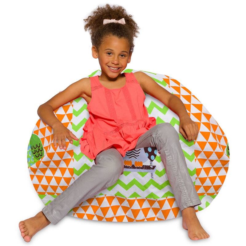 Kids Bean Bag Chair, Big Comfy Chair - Machine Washable Cover - 38 Inches Large - Canvas Owls Green and Orange