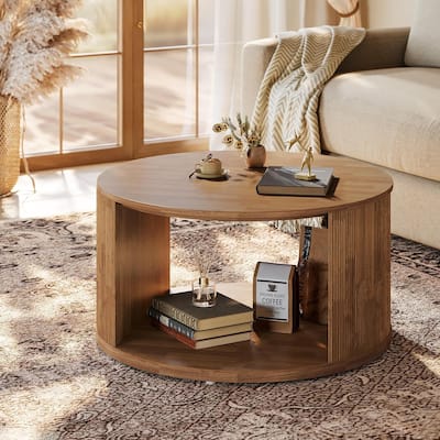Round Coffee Table, 31.5" Circle Center Table with Fluted Drum Base and Alcove Storage, Mid-Century Modern Accent Cocktail Table