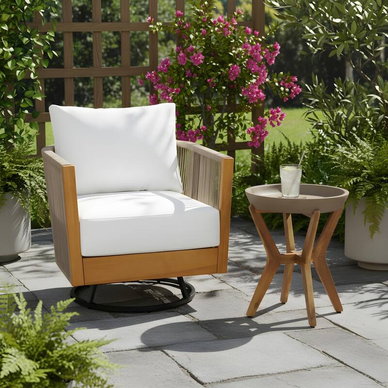Outdoor Acacia Wood Rope Swivel Lounge Chair with Cushion and Concrete-Acacia Side Table