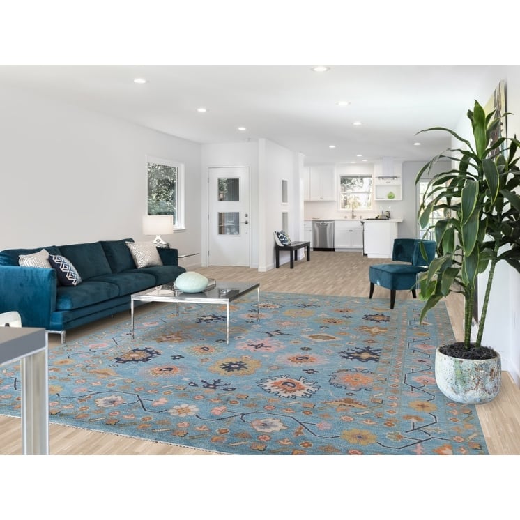 All-Over Blue Floral Oushak Indian Area Rug Handmade Wool Carpet - 8'9"x 12'0"
