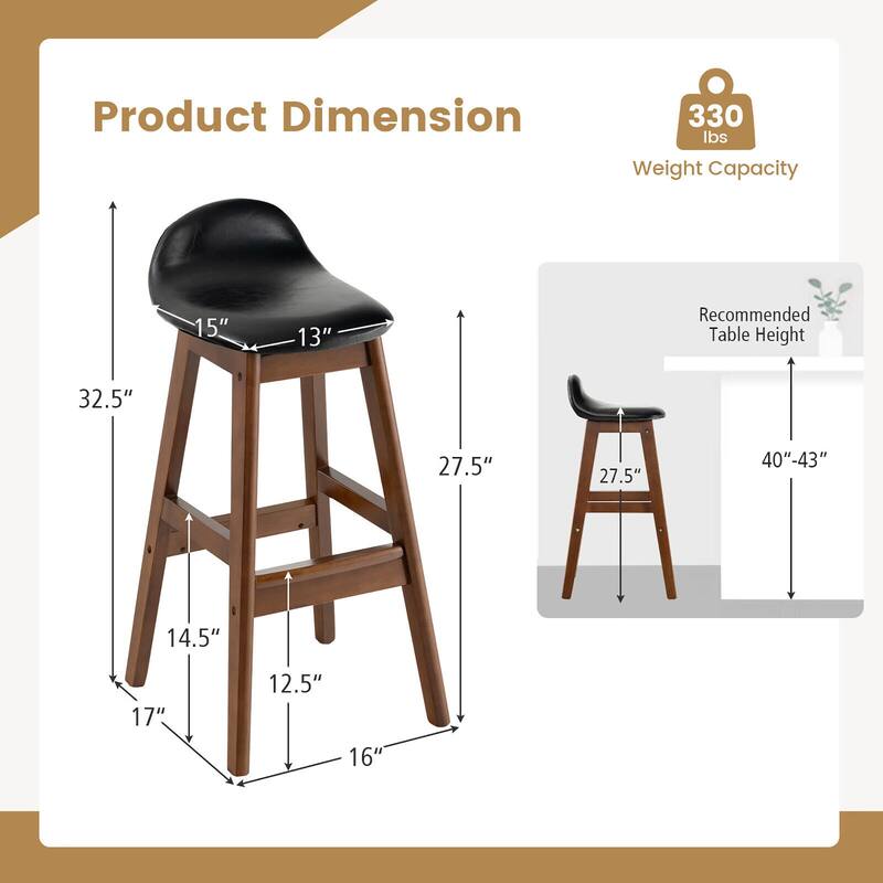 Gymax Set of 4 Upholstered PU Leather Barstools 27.5'' Wooden Dining