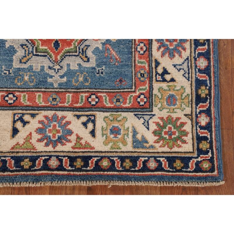 Blue Geometric Kazak Accent Rug Handmade Wool Carpet - 2'8" x 4'3"