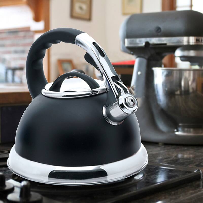 Creative Home Camille 3.0 Quart Stainless Steel Whistling Tea Kettle with Aluminum Capsulated Bottom, Opaque Black Color