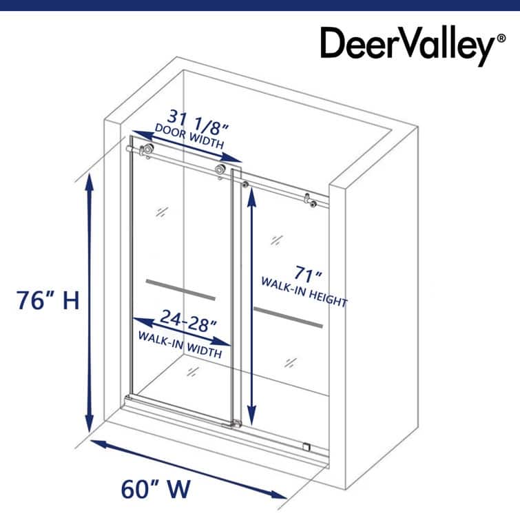 DeerValley 56" - 60" W x 76" H Double Sliding Frameless Shower Enclosure, Stainless Steel Accessories