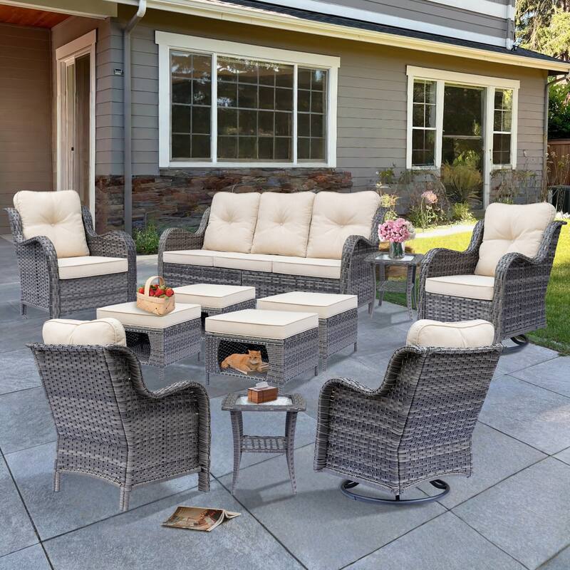 Outdoor Patio Furniture-Gray Wicker Outdoor Swivel Rocker Chairs Set - 11 Piece - Beige