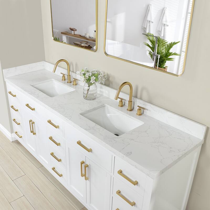 Altair Gavino Bath Vanity with Grain White Composite Stone Top and Mirror - 84 inch - White+Brushed Gold