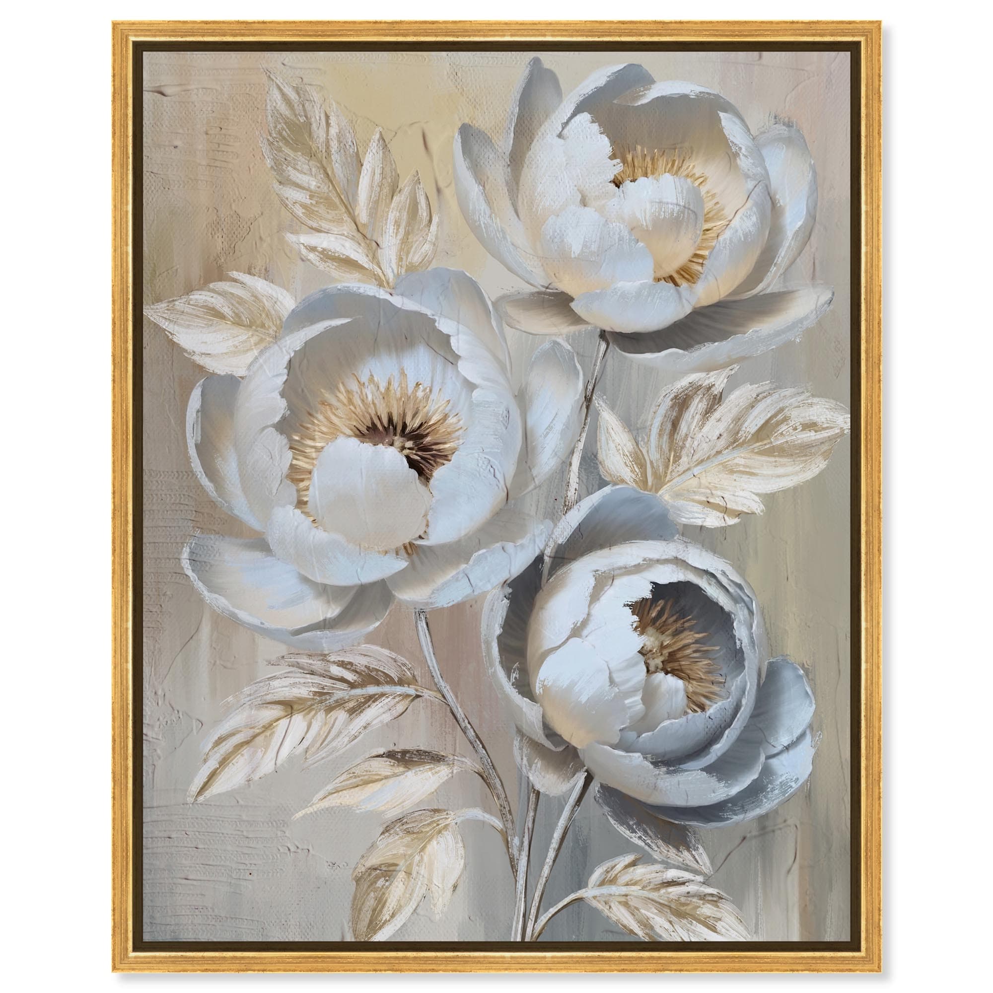 White Flowers Gold Floral Art Framed Canvas Print by Art Remedy