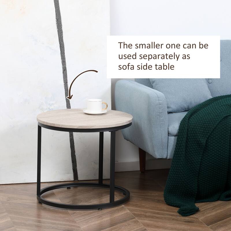 Round Nesting Tables Set of 2, Stacking Coffee Table Set with Metal Frame for Living Room, Grey