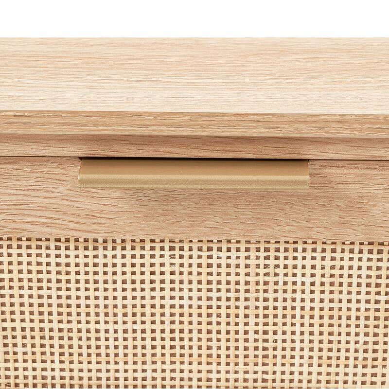 Rattan Console Table with 3 Storage Drawers, Rattan Entryway Table with Natural Rattan Sliding Door, Console Sofa Table