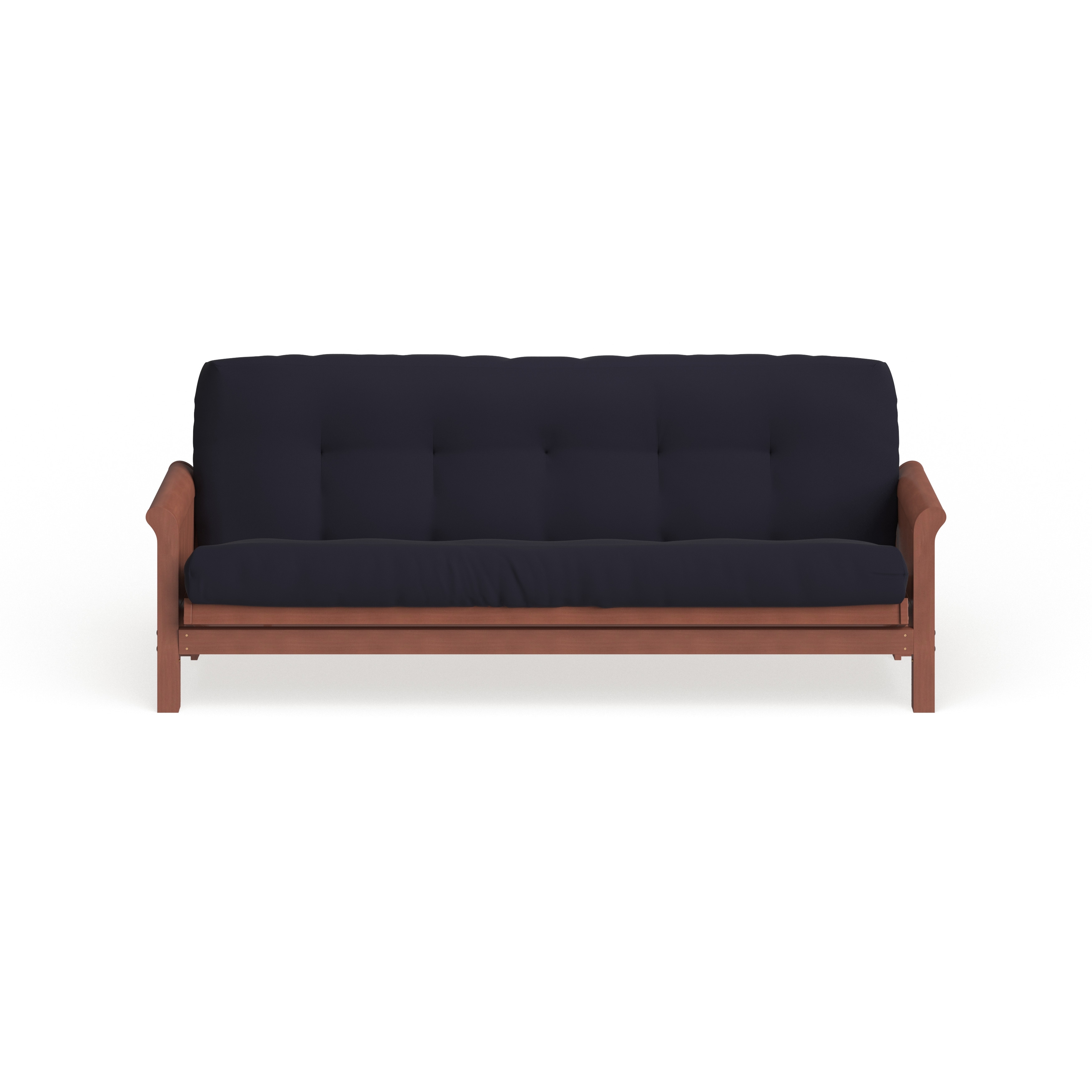 Front view of a navy blue futon on a wood frame.