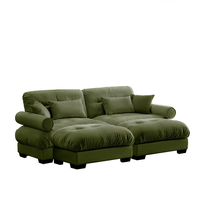 Loveseat Sofa Set 93.7" 2-Seater Modular Velvet Couch with Ottoman, Round Arms and Throw Pillows for Living Room, Office