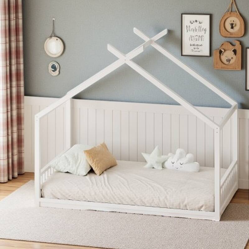 Montessori Style Wooden Floor Bed with Roof, Low Frame and Guardrails, Cozy Playhouse Look - White