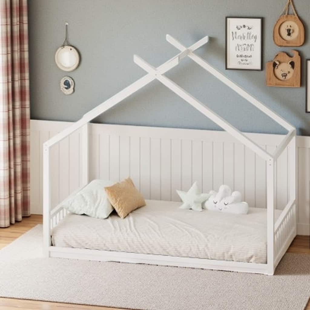 Montessori Style Wooden Floor Bed with Roof, Low Frame and Guardrails, Cozy Playhouse Look