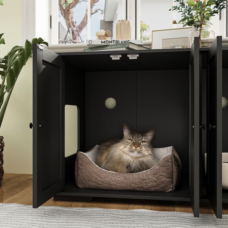 47.2"W Cat Litter Box Enclosure Dual-Door Hidden Furniture Black/White