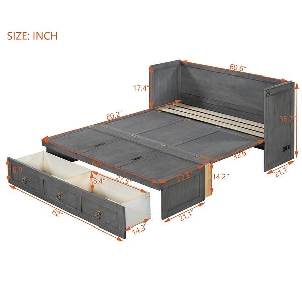 Queen Size Murphy Bed with USB Port and a Large Drawer, Folding Bed, Gray
