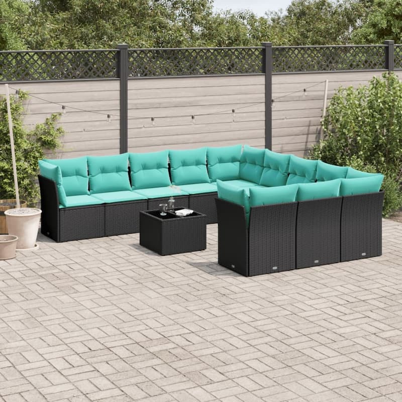 vidaXL Patio Sofa Set with Cushions Outdoor Conversation Furniture Poly Rattan - 21.7" x 24.4" x 27.2" - Black and blue with table