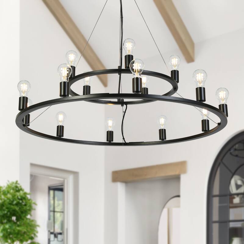 Oriea Farmhouse Black 15-Light Wheel Chandelier 39.4 IN. Modern Industrial 2-Tier Classic Candle Lights - D 39.4" x H 10.2"