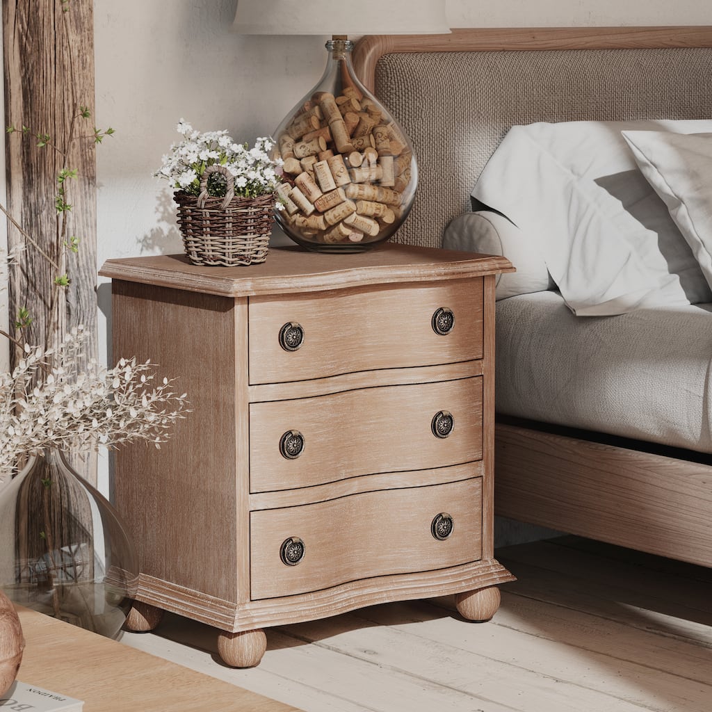 COZAYH Farmhouse 3 Drawer Nightstand with Distressed Wood Finish, Rustic Vintage Dresser with Curved Front Design