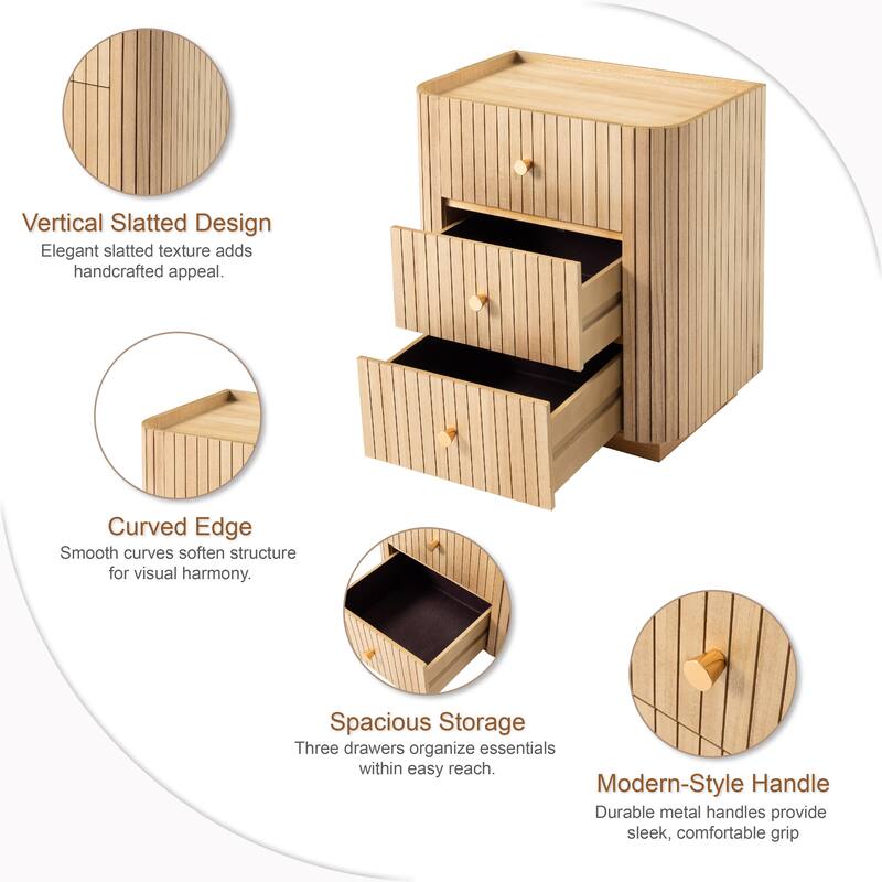 COZAYH Modern Farmhouse 3-Drawer Nightstand with Vertical Wood Slats, Curved Edge, Metal Handles, Tray Top. Fully Assembled