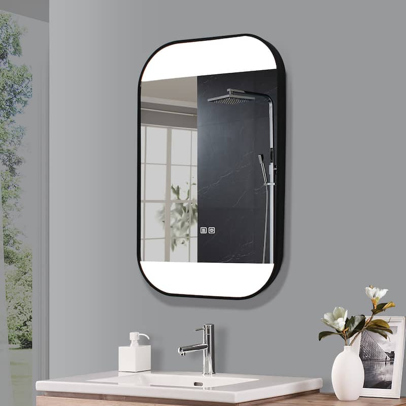 24" x 36" Rectangle Metal Frame LED Anti-fog Bathroom Wall Mirror - Black