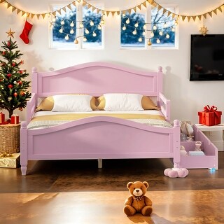 Full Size Wood Platform Bed with Guardrails on Both Sides and Two Storage Drawers for Home