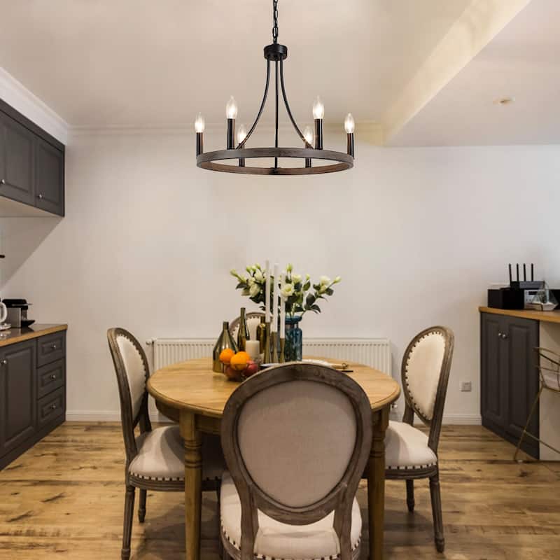 6-Light Farmhouse Chandelier, Modern Wagon Wheel Chandelier for Dining Room Living Room Bedroom Kitchen
