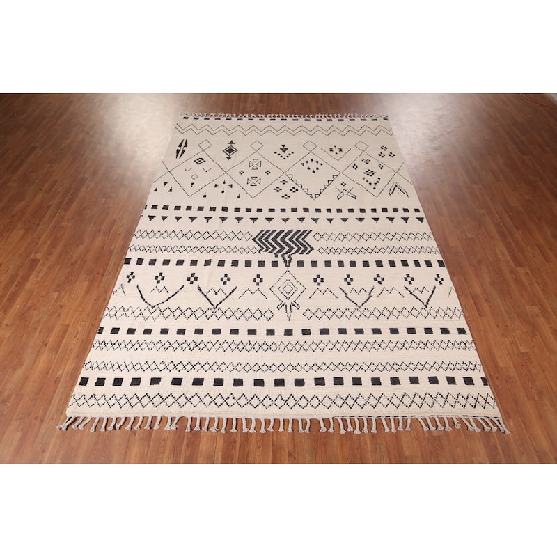 Trellis Geometric Ivory Moroccan Area Rug Hand-Knotted Wool Carpet - 7'7"x 10'9"