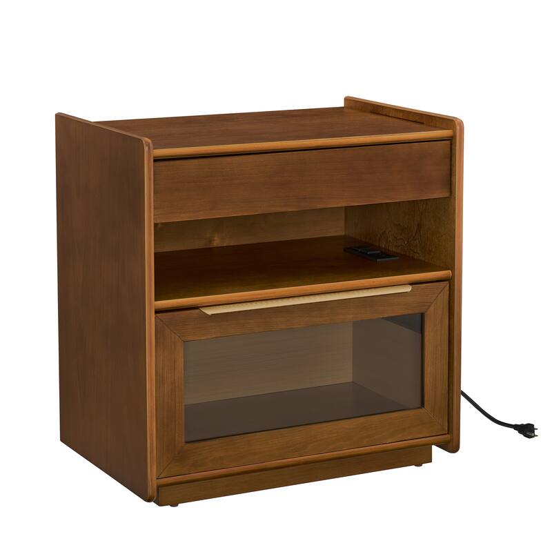 Modern Nightstand with Charging Station & Outlet Hole & 2 Drawers, Farmhouse End Table with Open Shelf & Glass Drawer Dresser