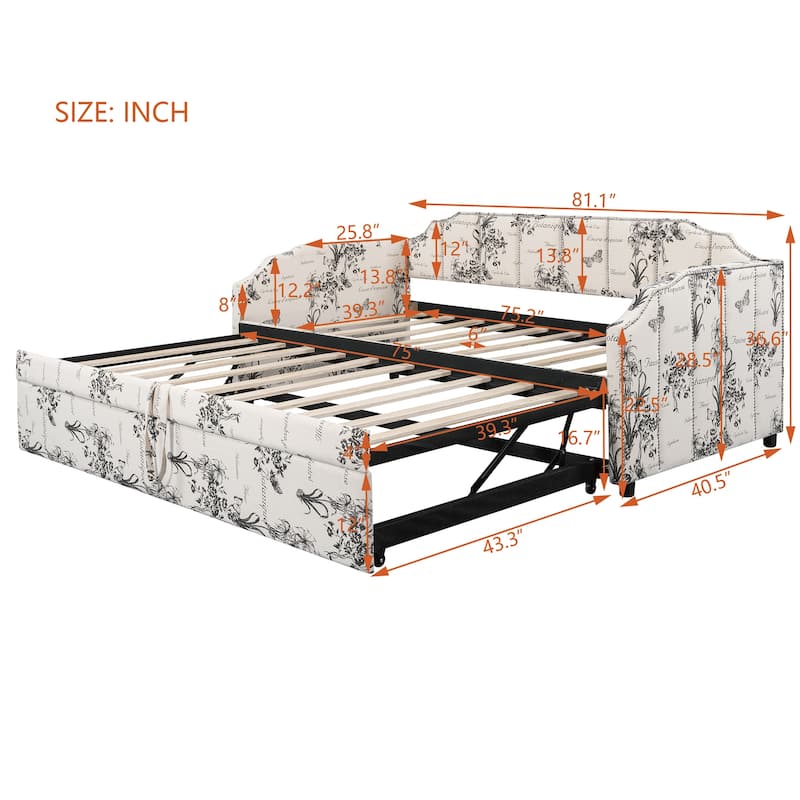 Twin Upholstered Daybed with Pop-Up Trundle, USB Charging Ports, Convertible Sofa Bed