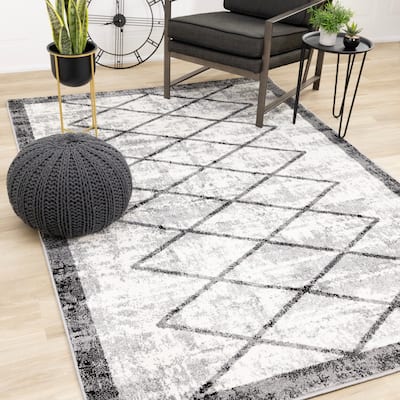 Covington Collection - Grey Black White Lattice Border Distressed Area Rug