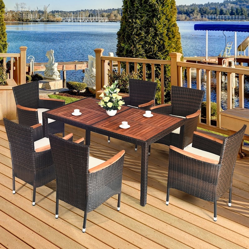 Costway 7PCS Patio Rattan Dining Set 6 Stackable Chairs Cushioned - Brown - 7-Piece Sets