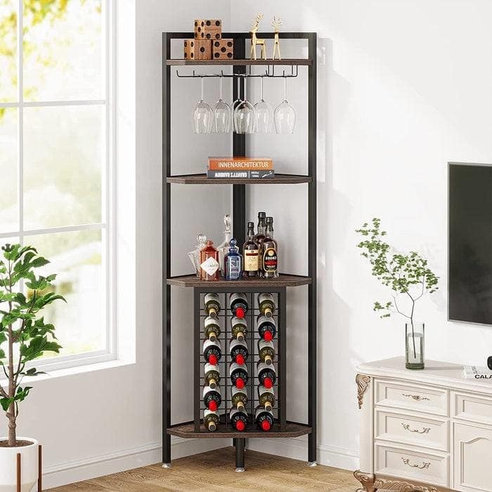 Rustic Brown Black Metal 4-Tier Corner Wine Rack with Glass Holders - 15.75”L x 15.75”W x 63.38”H
